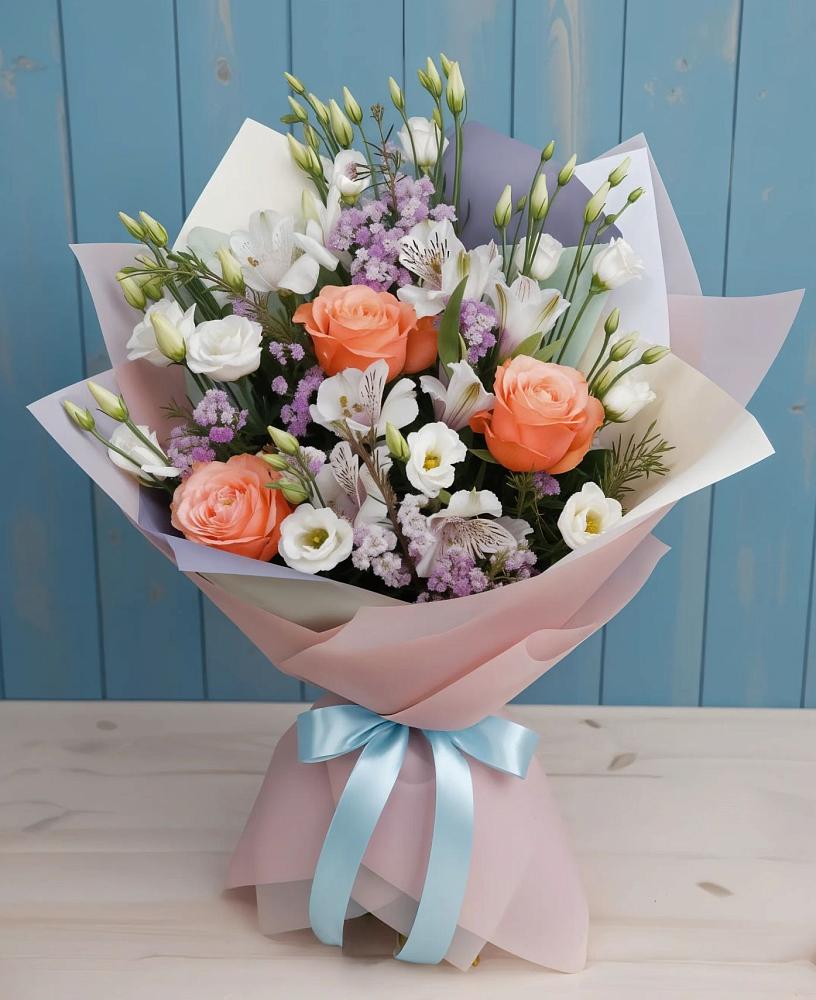 Букет цветов из: Лизиантусы, Розы, Альстромерии и Гипсофила в Поназырево